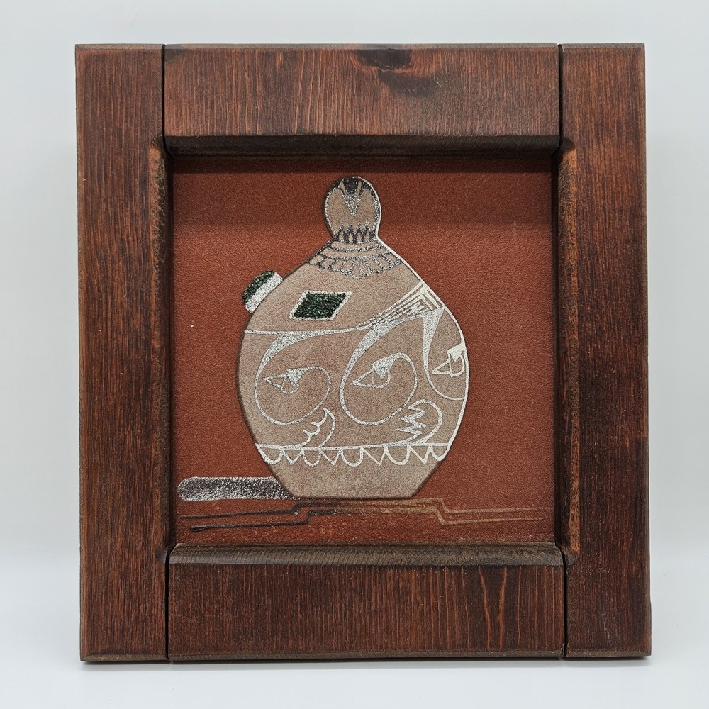 Native American Framed Sand Painting Pottery w Red Sand Background Signed Yazzie